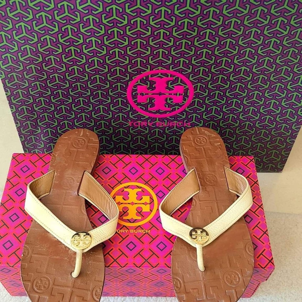 Tory Burch Designer Cream Off White Thora Sandals Flip Flops Size 7